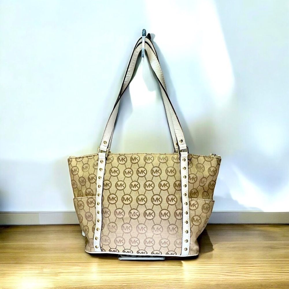 Michael Kors Canvas Jet Set Tote with Circular Logo White Studded Leather Trim - Picture 1 of 8